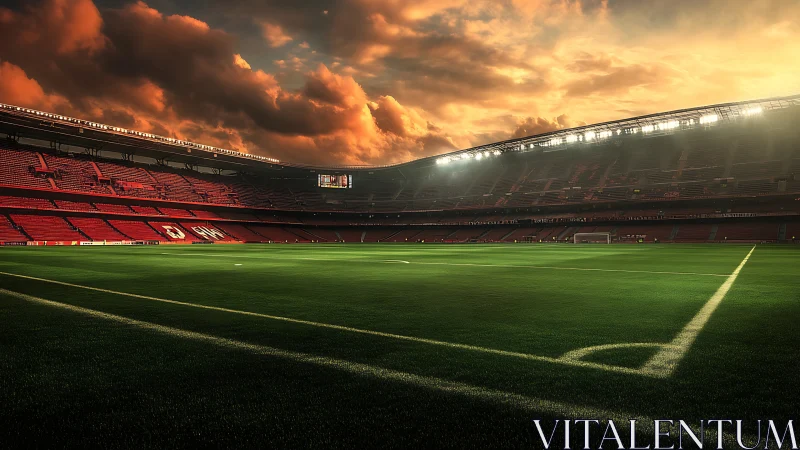Photorealistic sunset stadium interior with illuminated pitch.