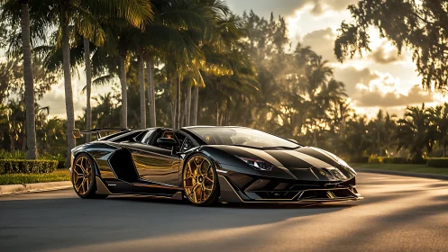 Black supercar on palm-lined residential street at sunset.