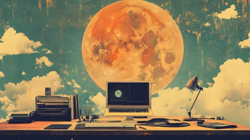 Dreamer&rsquo;s desk under a giant golden moon sky backdrop.
