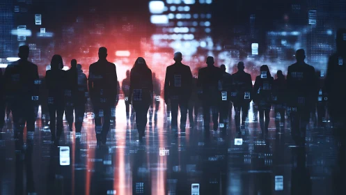 Silhouetted data subjects traversing algorithmic cityspace.