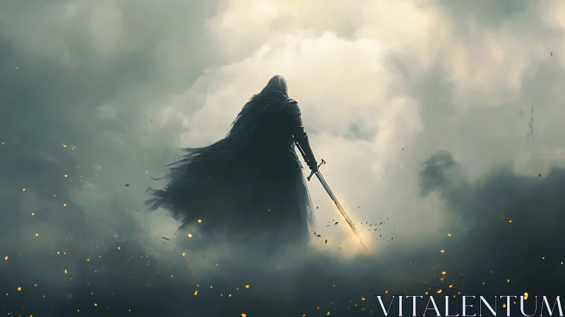 Cloaked swordsman stands in dense fog with scattered sparks below