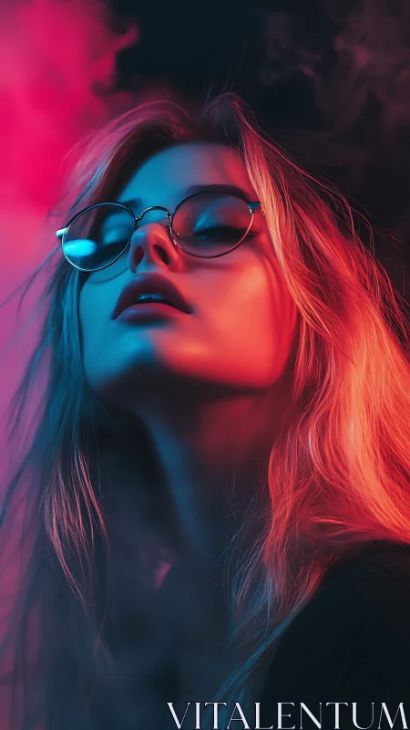 Dreamy neon portrait in soft pink and electric blue light.