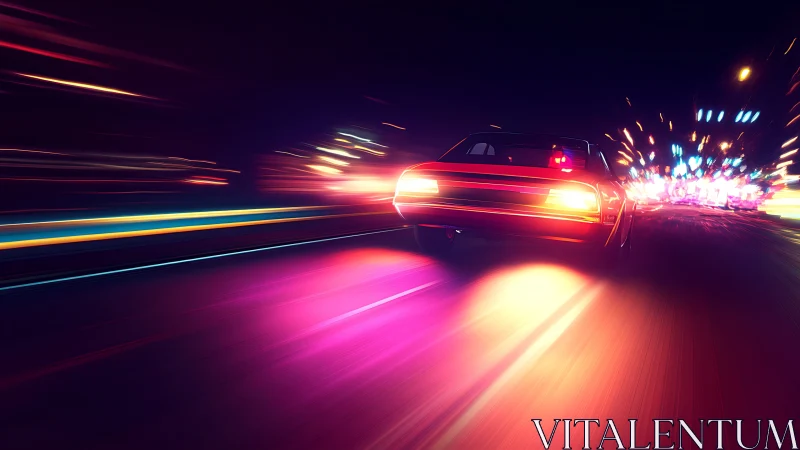 Night highway car with neon motion blur lighting effects.