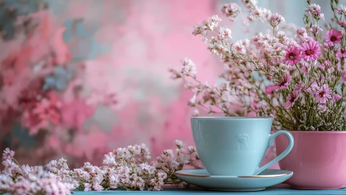 Serene Moment with Tea and Garden Flowers