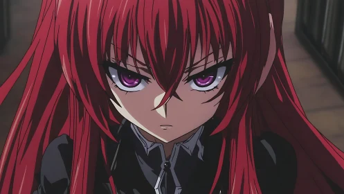 Intense red haired anime heroine in dramatic low angle closeup.