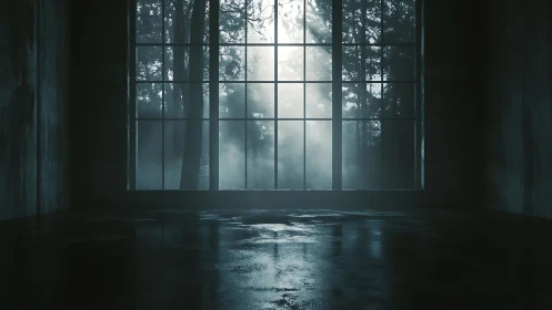 Empty interior with large window facing misty forest view.