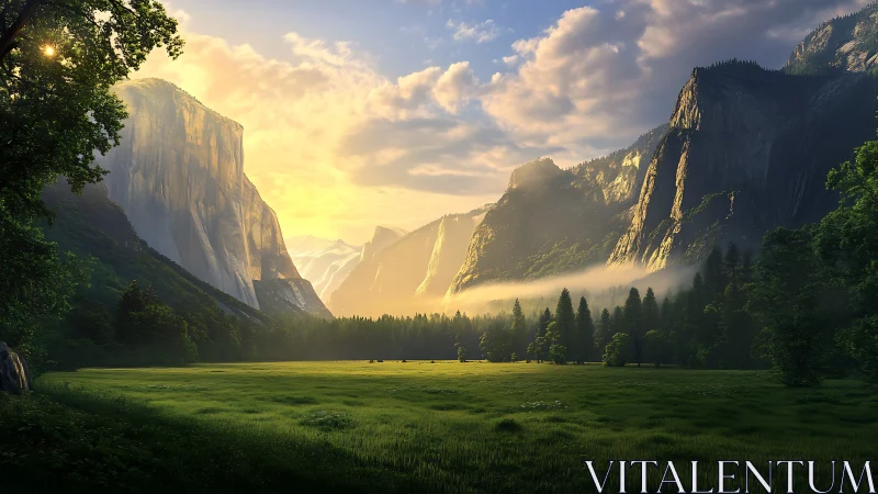 Sunrise fog drifts softly through a grand emerald valley