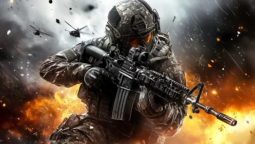 Intense modern soldier charges forward through blazing chaos