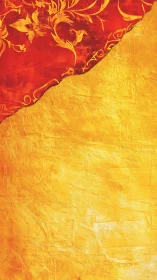 Red floral overlay on textured golden background.
