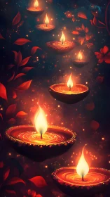 Glowing festival diyas floating in a dreamy night sky.