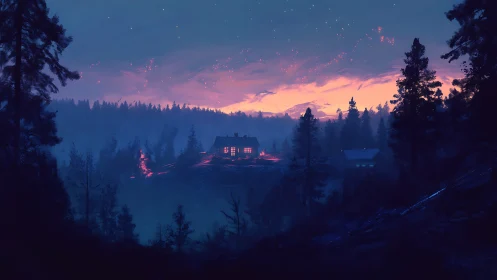 Cabin Nestled Where Twilight Bleeds Into Winter Silence