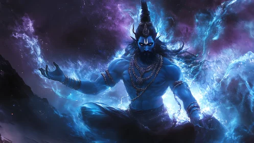 Blue cosmic deity in meditative power pose amid energy.