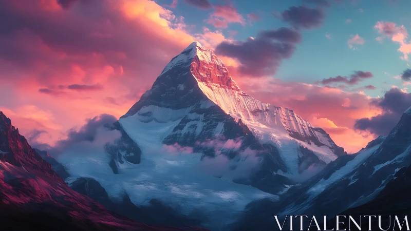 Sunset-kissed mountain peak glowing in dreamlike color.