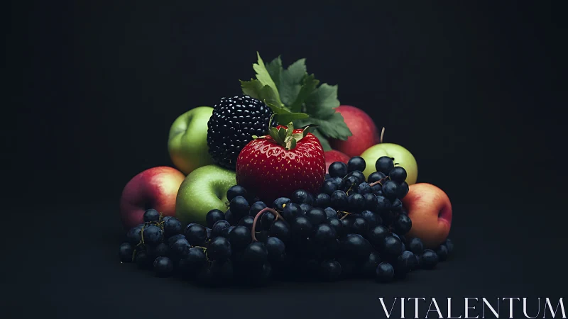 Low-key still life isolates mixed fruit with controlled rim lighting
