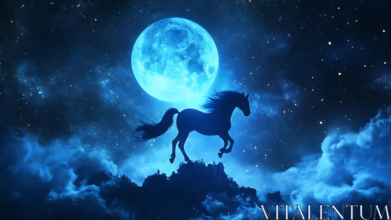 Lunar backlit equine silhouette over volumetric nebular cloudscape.