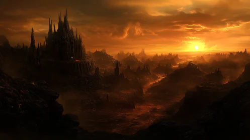 Hellish spired citadel under a burning apocalyptic sunset.