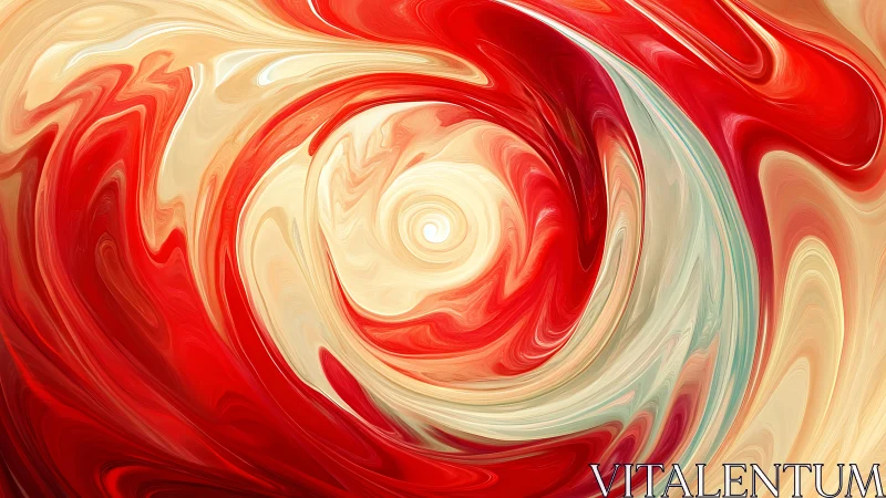 Spiraling crimson cream vortex swirling toward quiet light.