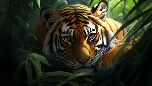 Tiger rests in lush jungle shadows with piercing golden gaze.