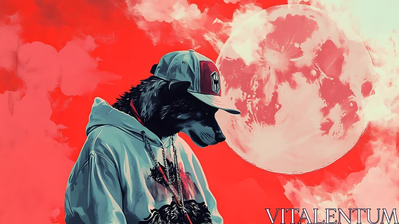 Anthro wolf in streetwear under blood moon sky.