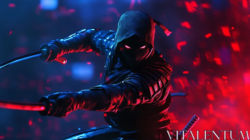Hooded dual-sword figure in neon red and blue environment.