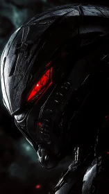 Dark cybernetic helmet close-up with glowing red eyes.