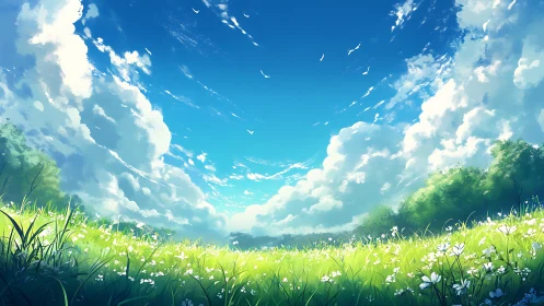 Sunlit meadow under expansive clouds and blue sky.