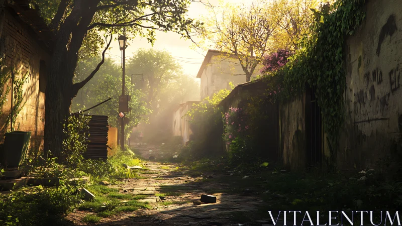 Overgrown sunlit alleyway between old village houses.