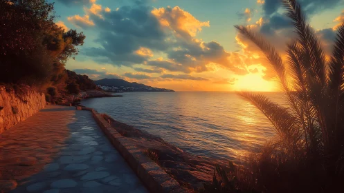 Coastal walkway at vivid sunset over calm sea horizon.