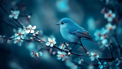 Blue songbird perched on flowering branch, dreamy soft focus style.