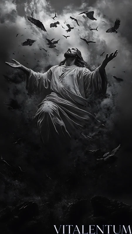 Dramatic robed figure ascending amid storm and birds.