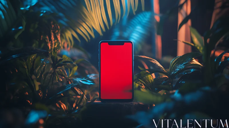 Neon smartphone with red screen glowing in lush jungle night.