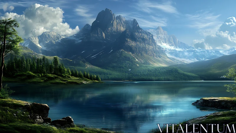 Mountain range rises above reflective alpine lake