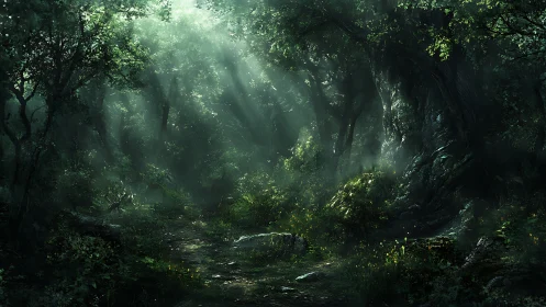 Atmospheric forest canopy with volumetric light penetration and dense vegetation layering