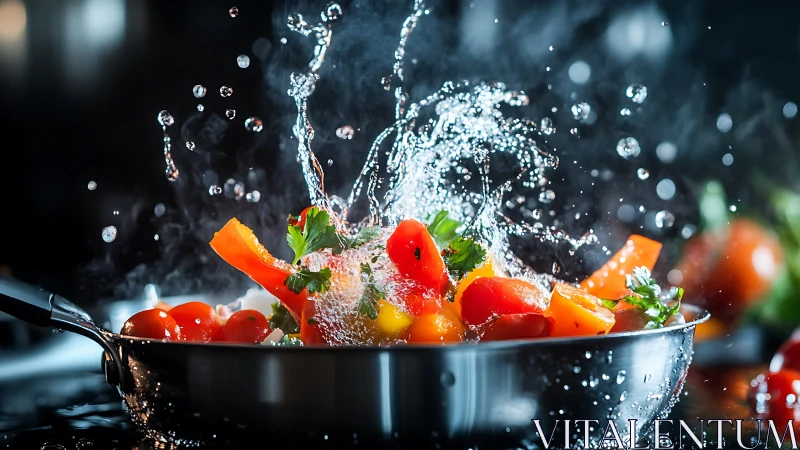 High-speed capture of fresh vegetables splashing in pan.