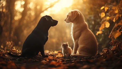 Three Canines in Autumn Forest Setting Under Golden Sunlight.
