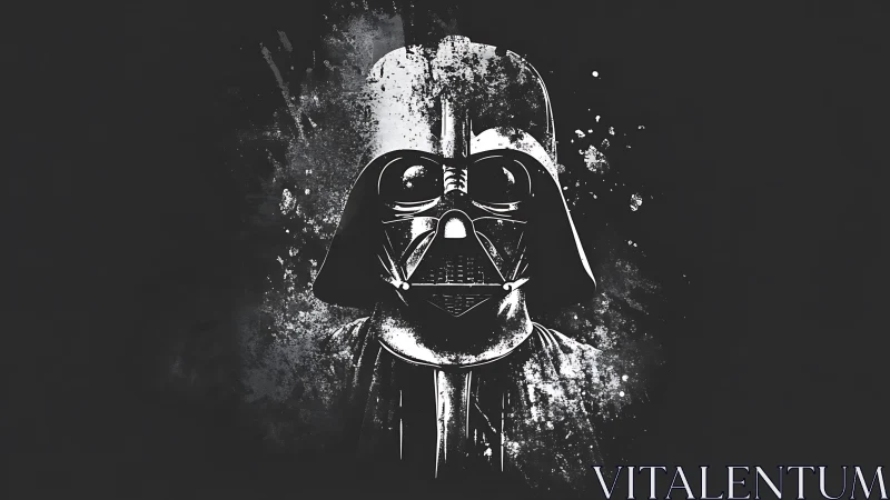 Monochrome Sith helm erupting from cosmic ink splatterstorm.