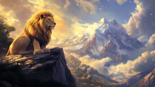 Majestic lion overlooking sunlit fantasy mountain range.