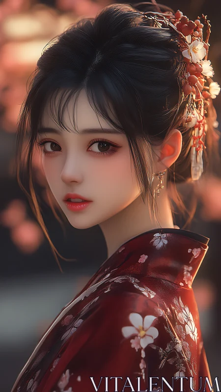 Elegant kimono portrait under soft golden bokeh light.