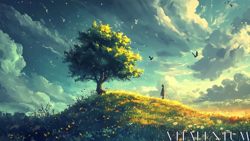 Lone child on sunlit wildflower hill beneath luminous sky