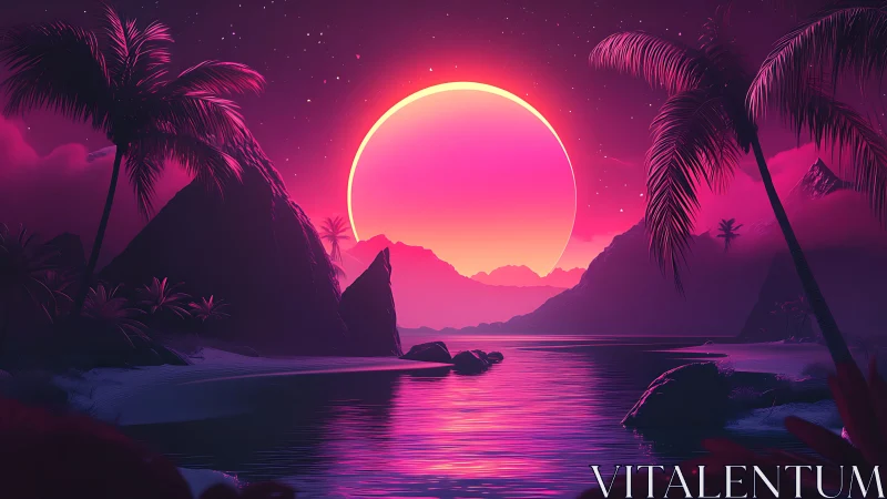 Neon tropical sunset over calm palm-lined island lagoon.