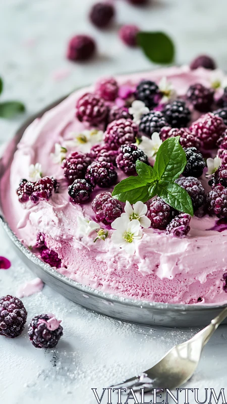Frozen berry mousse cake with mint garnish on plate.