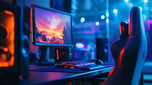 Cozy neon gaming desk glowing with inviting nighttime color.