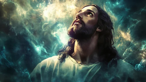 Bearded robed man looks upward amid swirling celestial light