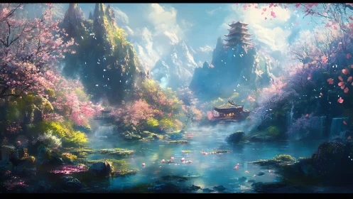 Mountain landscape depicts lake, pagoda and cherry blossoms