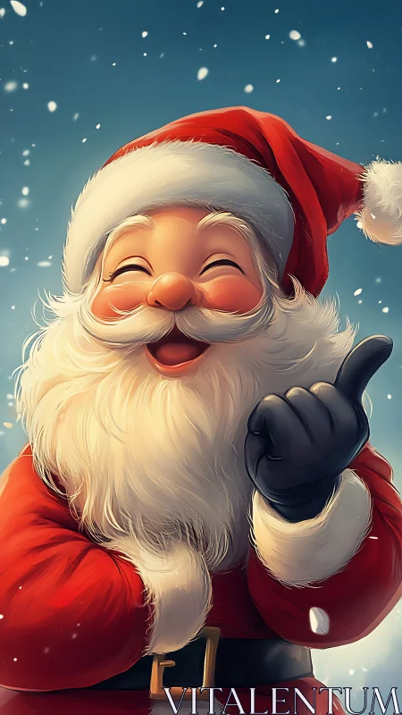 Joyful cartoon Santa Claus in snowy winter scene.