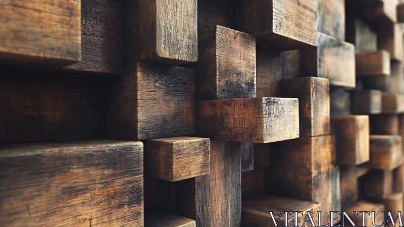 Stacked wooden blocks form geometric 3D wall surface.