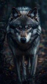 Wolf stands in dim forest setting and faces the camera directly