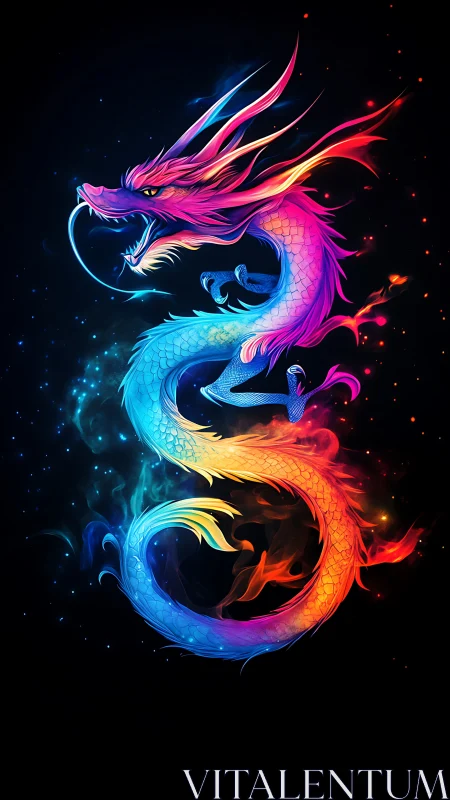 Multicolored serpentine dragon on dark abstract background.