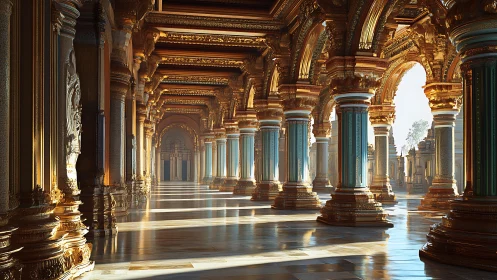 Parametric golden colonnade with volumetric daylight rendering.