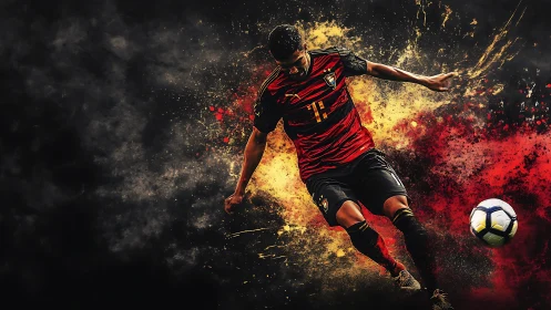 Dynamic football striker rendered in explosive color dispersion